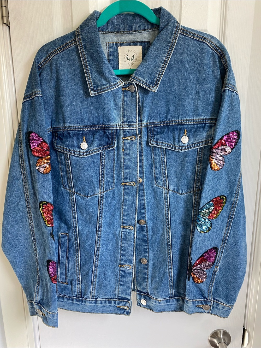 Fantastic Fawn Blue Denim Jacket with Multicolor Sequin Butterflies